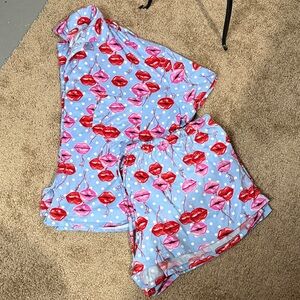 Valentine’s Lip Print XL Pajama Set in Blue and Red
